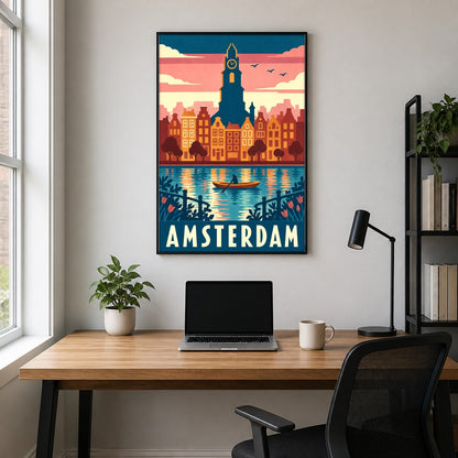 Amsterdam Travel Poster, Retro Netherlands Canal City Skyline Wall Art
