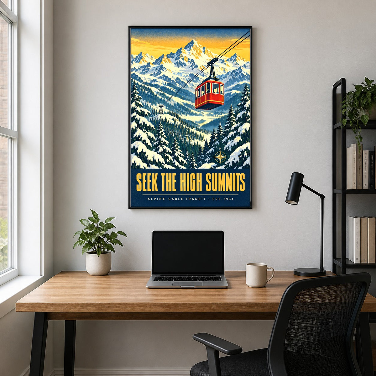 Alpine Tramway Winter Vista Art Poster, Seek the High Summits