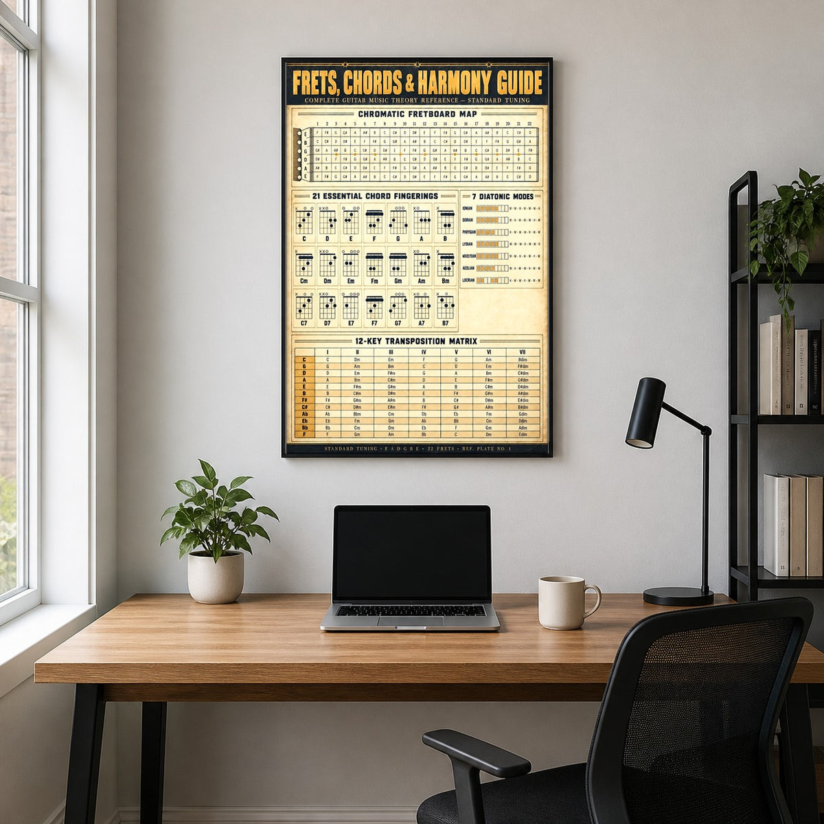 Guitar Theory Reference Chart Poster, Frets Chords and Harmony Guide