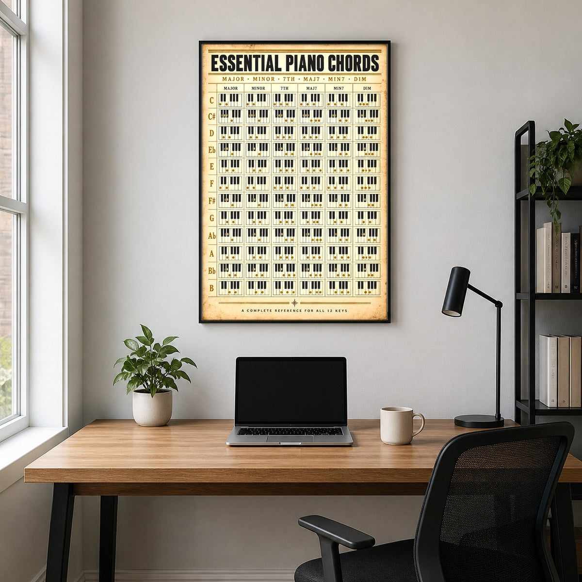 Essential Piano Chords Reference Chart Poster, Music Studio Wall Art