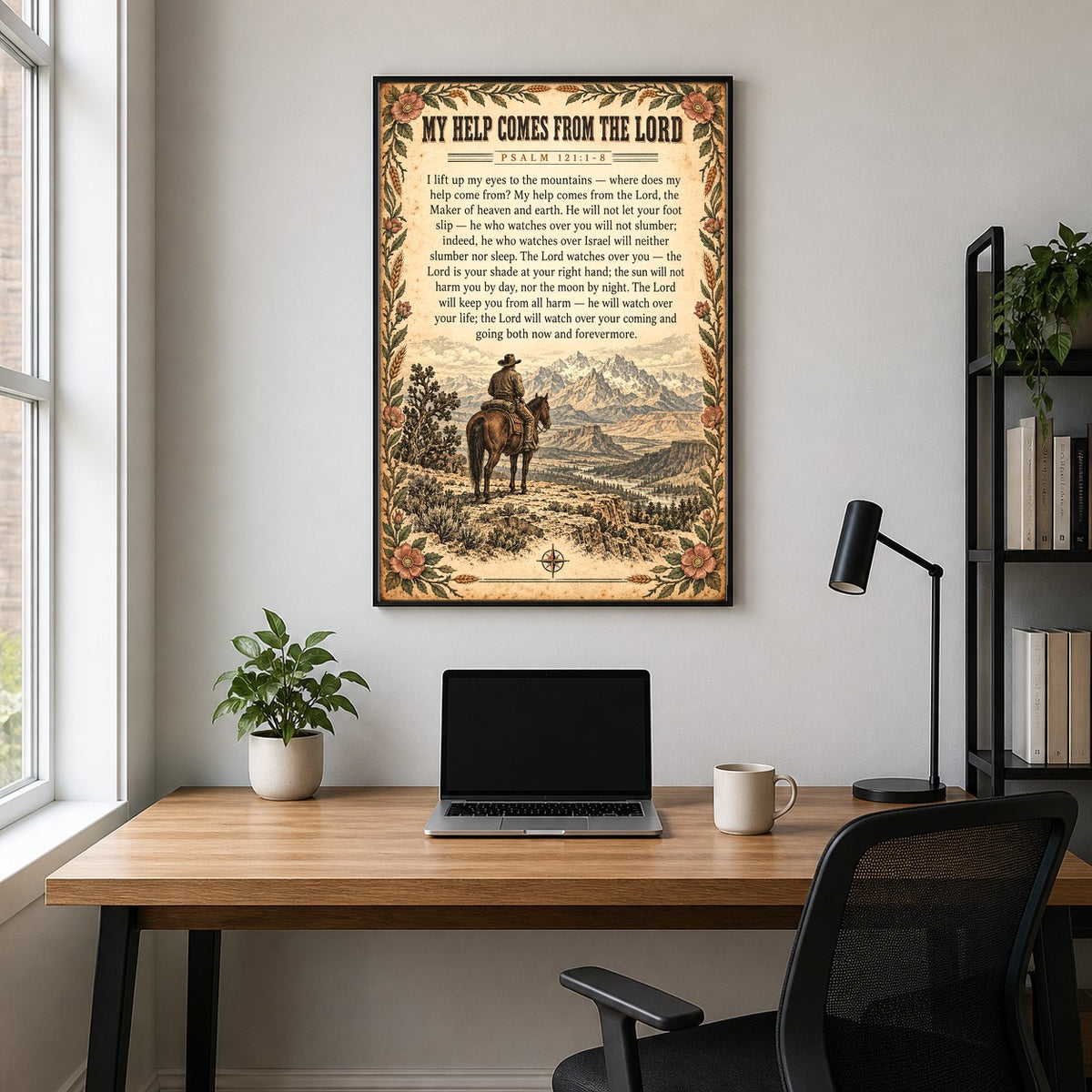 Western Scripture Poster, Psalm 121 Cowboy Mountain Art