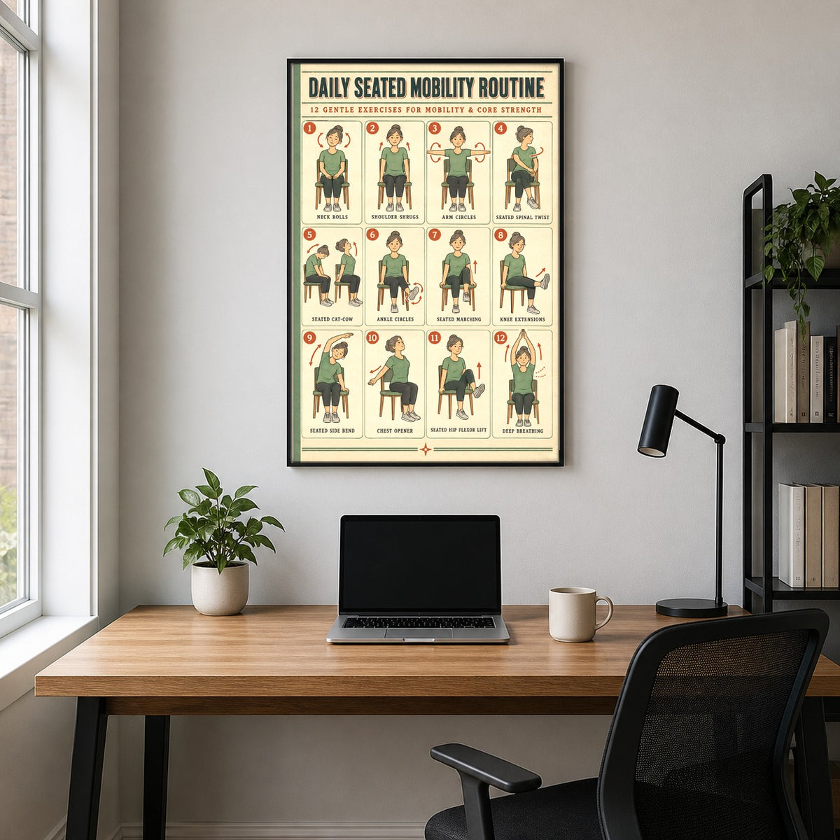 Seated Mobility Routine Chart Poster, Daily Chair Exercise Art