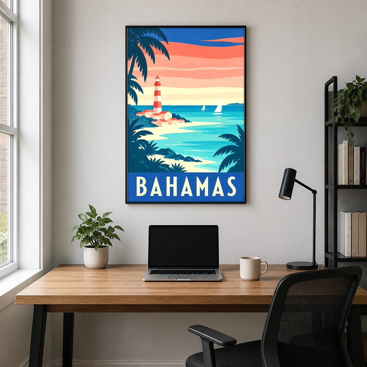 Bahamas Travel Poster, Retro Coastal Lighthouse Beach Art Print