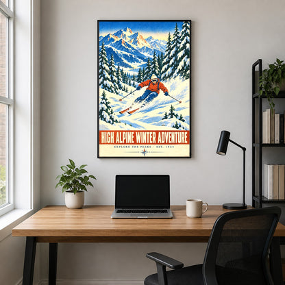 High Alpine Winter Adventure Poster, Vintage Downhill Skier Art
