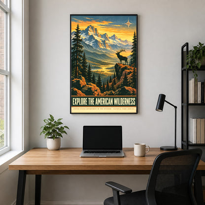 American Wilderness Vintage Travel Art Poster, National Park Elk Landscape