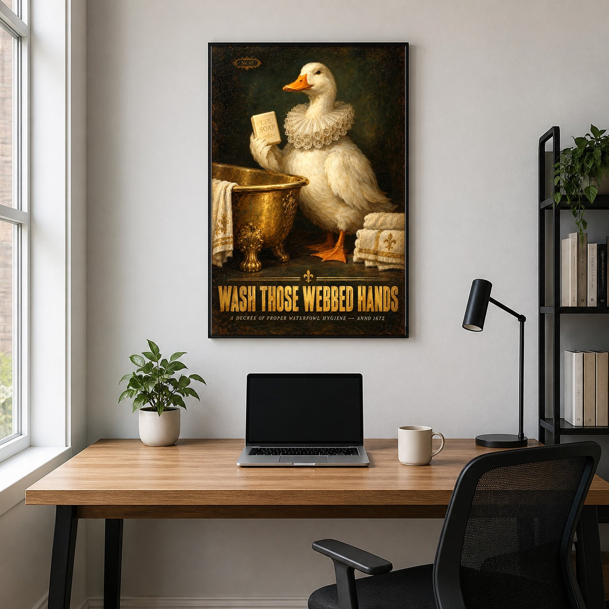 Funny Duck Bathroom Etiquette Poster, Wash Those Webbed Hands Art
