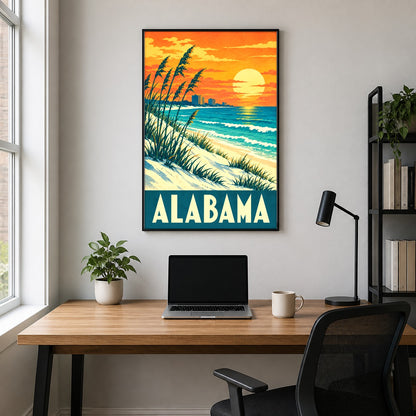 Alabama Vintage Beach Travel Poster, Retro Coastal Dunes Art Print