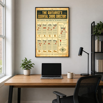 Vintage Guitar Chord Directory Poster, Acoustic Music Reference Wall Art