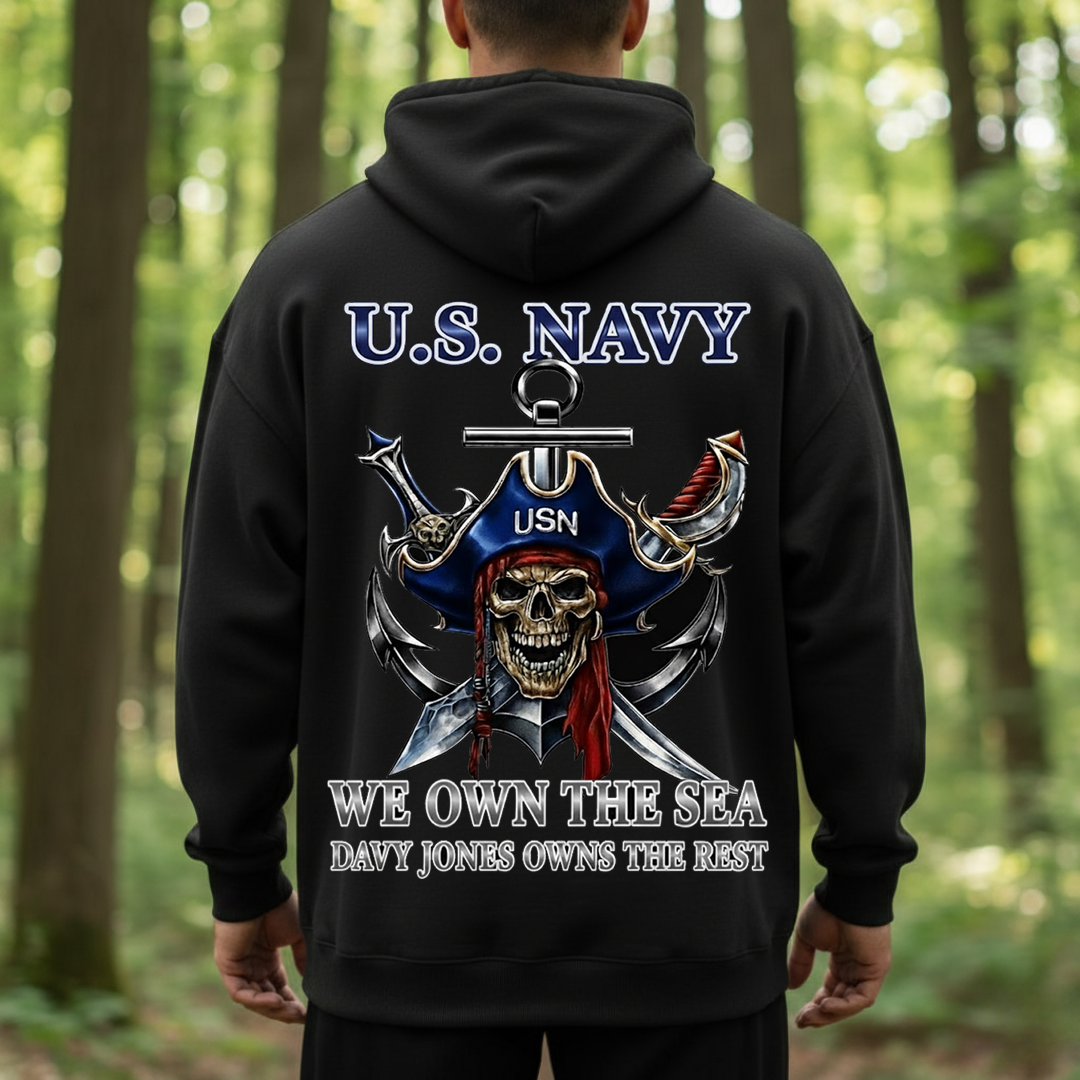 U.S. Navy Pirate Skull Shirt – “We Own The Sea, Davy Jones Owns The Rest” – Bold Navy Veteran Pride Design, Gift for Veterans Day