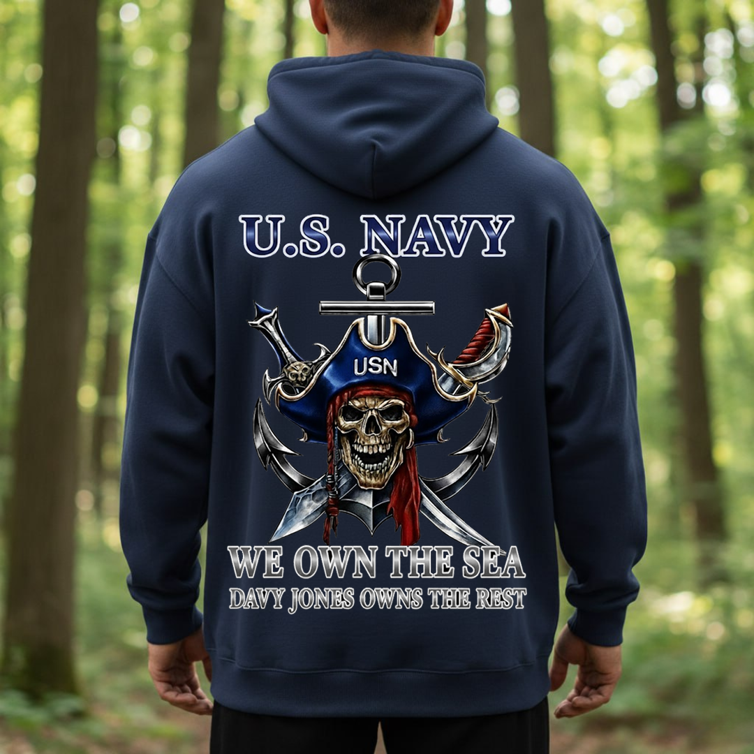 U.S. Navy Pirate Skull Shirt – “We Own The Sea, Davy Jones Owns The Rest” – Bold Navy Veteran Pride Design, Gift for Veterans Day