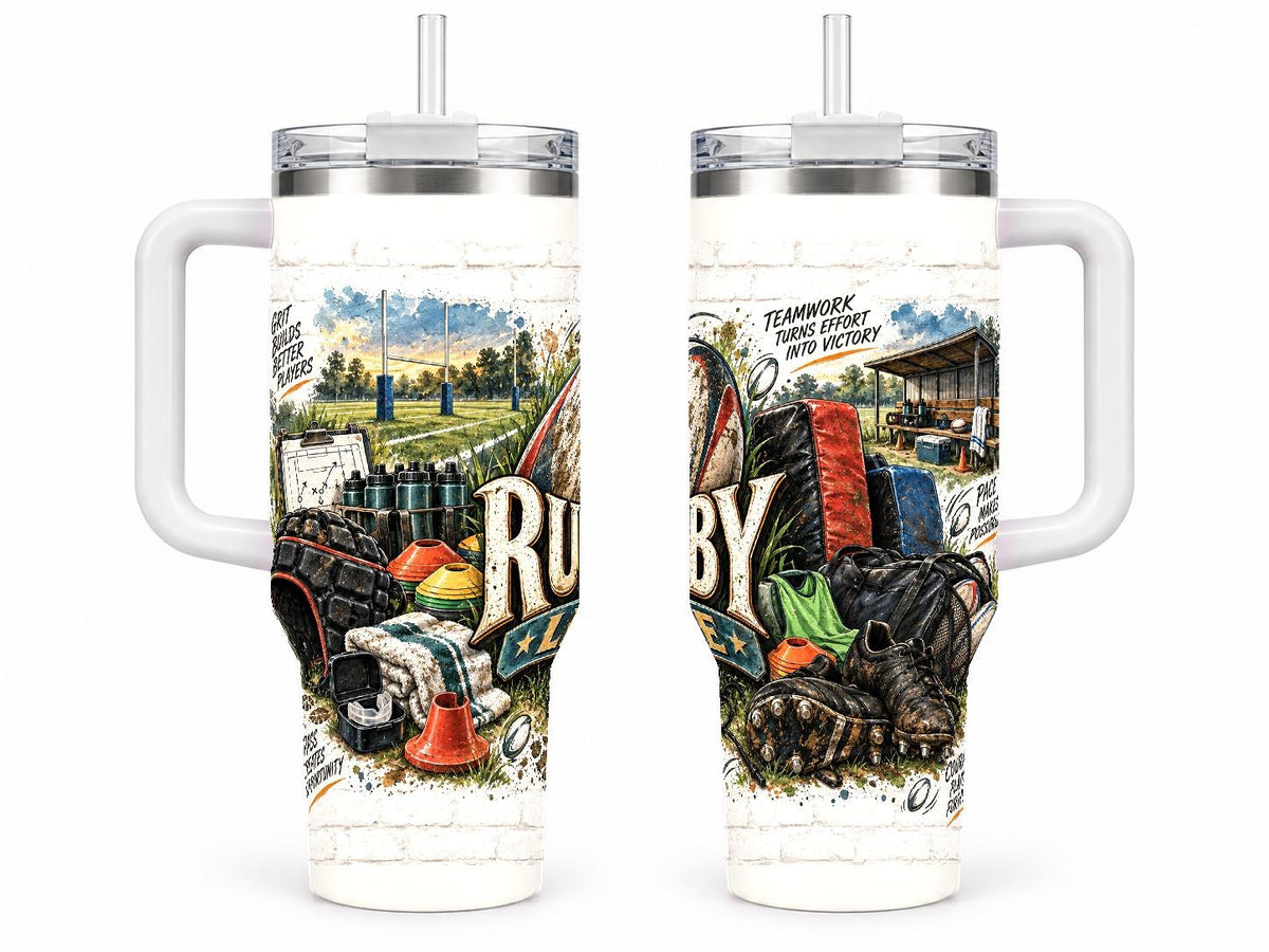 Rugby Gear Collage 40 oz Tumbler, Vintage Sports Equipment Art