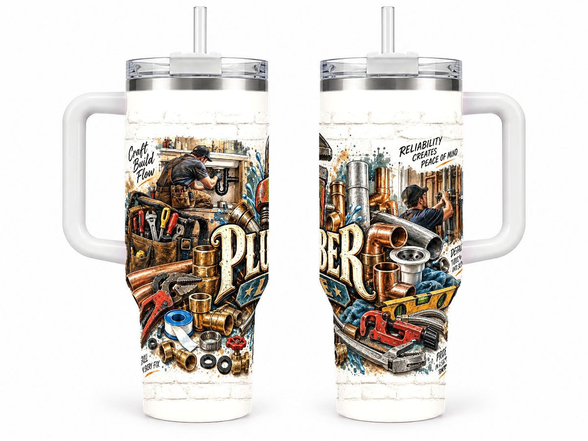 Plumber Tools Collage 40 oz Tumbler, Vintage Workbench Design