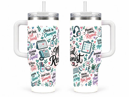 Medical Receptionist 40 oz Tumbler with Handle and Straw, Pastel Design