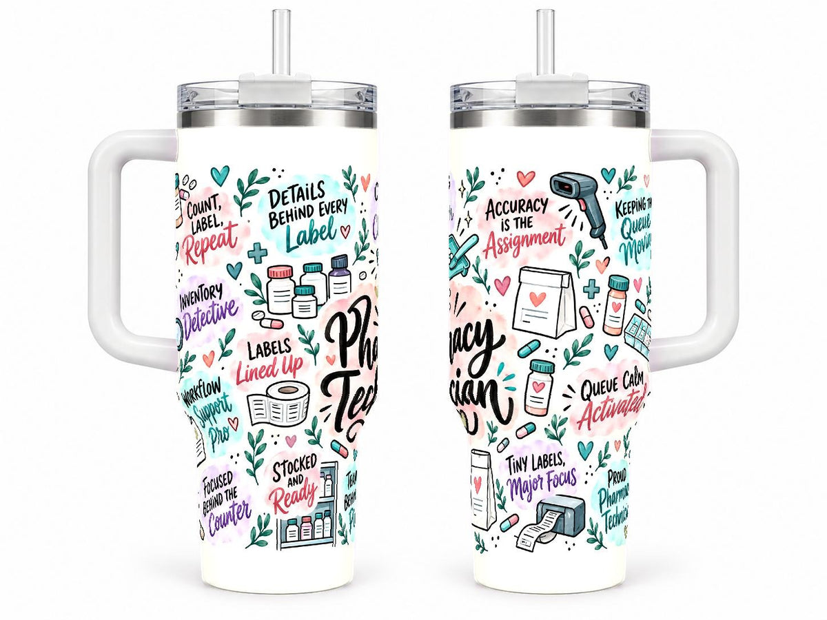 Pharmacy Technician 40 oz Tumbler with Handle and Straw, Pastel Design