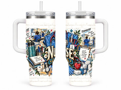 Nurse Essentials Collage 40 oz Tumbler with Handle and Straw