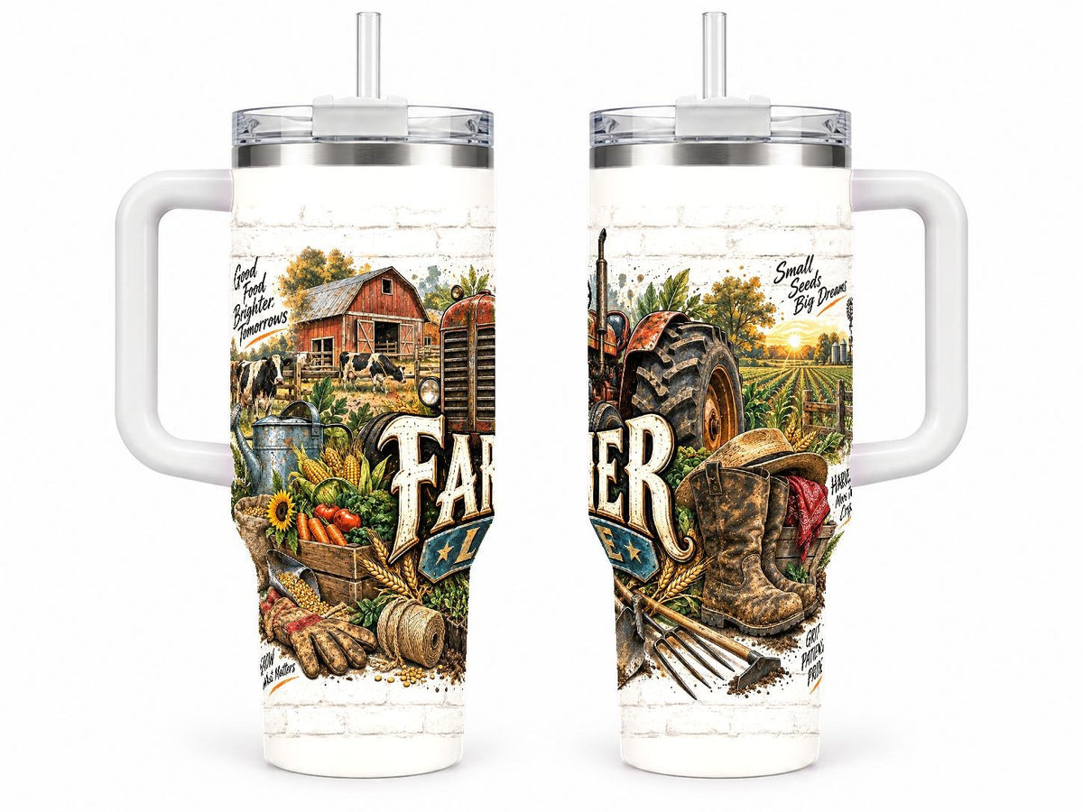 Farmer Tools Collage 40 oz Tumbler with Handle and Straw, Rustic Art