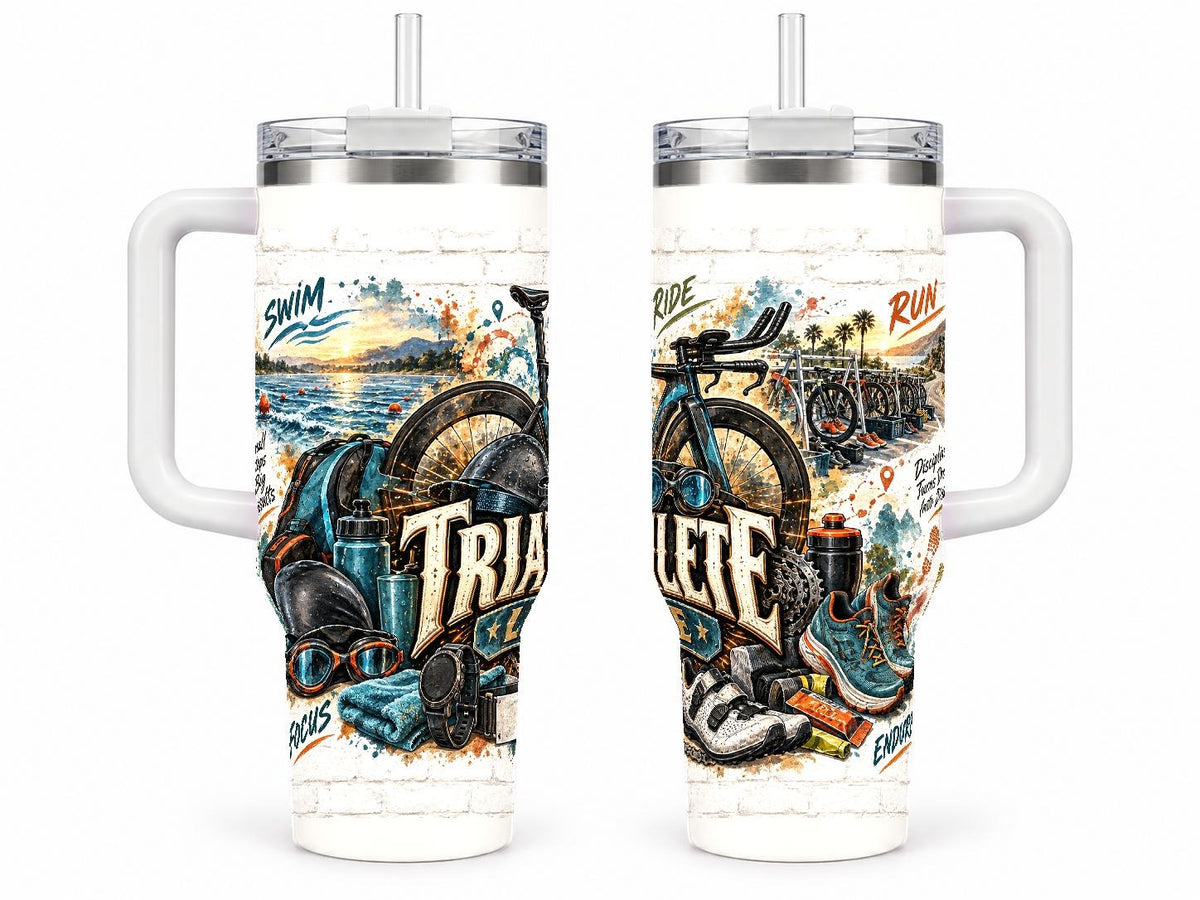 Triathlon Gear Collage 40 oz Tumbler, Endurance Athlete Design