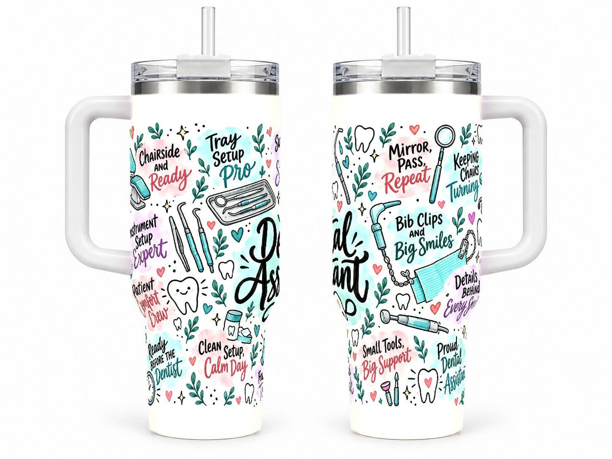 Dental Assistant 40 oz Tumbler with Handle and Straw, Pastel Design