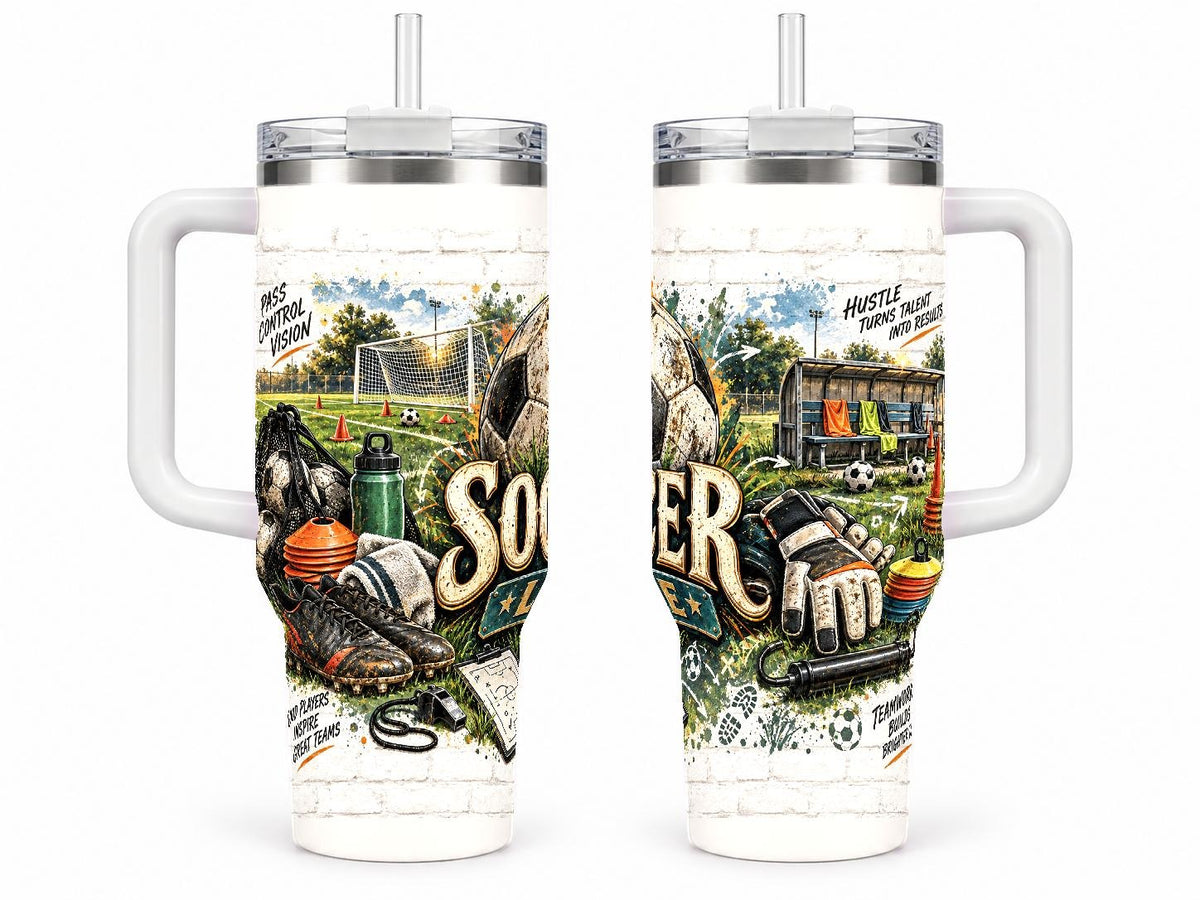 Soccer Gear Collage 40 oz Tumbler with Handle, Reusable Straw