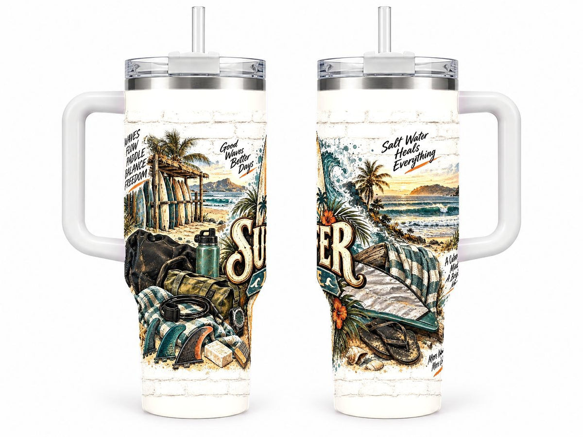 Surfing Gear Collage 40 oz Tumbler with Handle and Straw