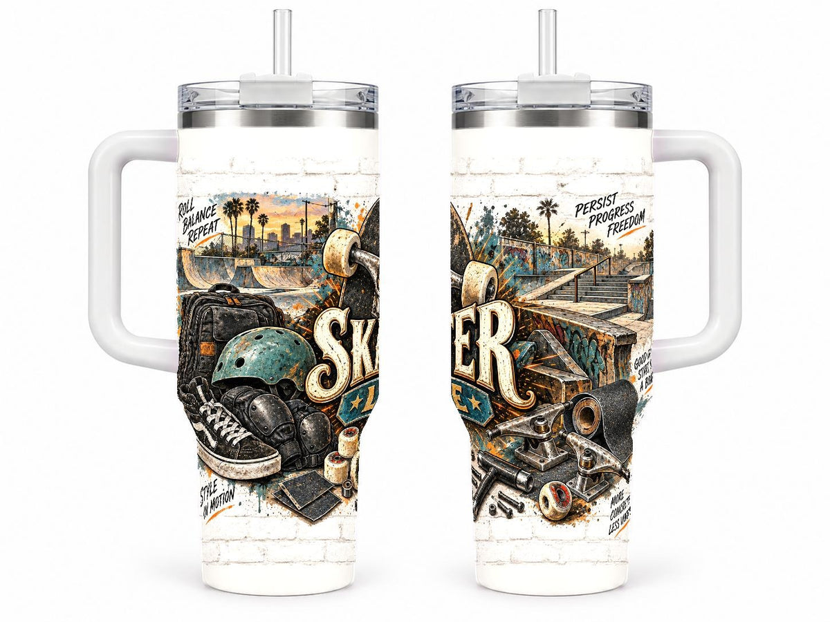 Skateboarding Gear Collage 40 oz Tumbler with Handle and Straw