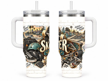 Skateboarding Gear Collage 40 oz Tumbler with Handle and Straw