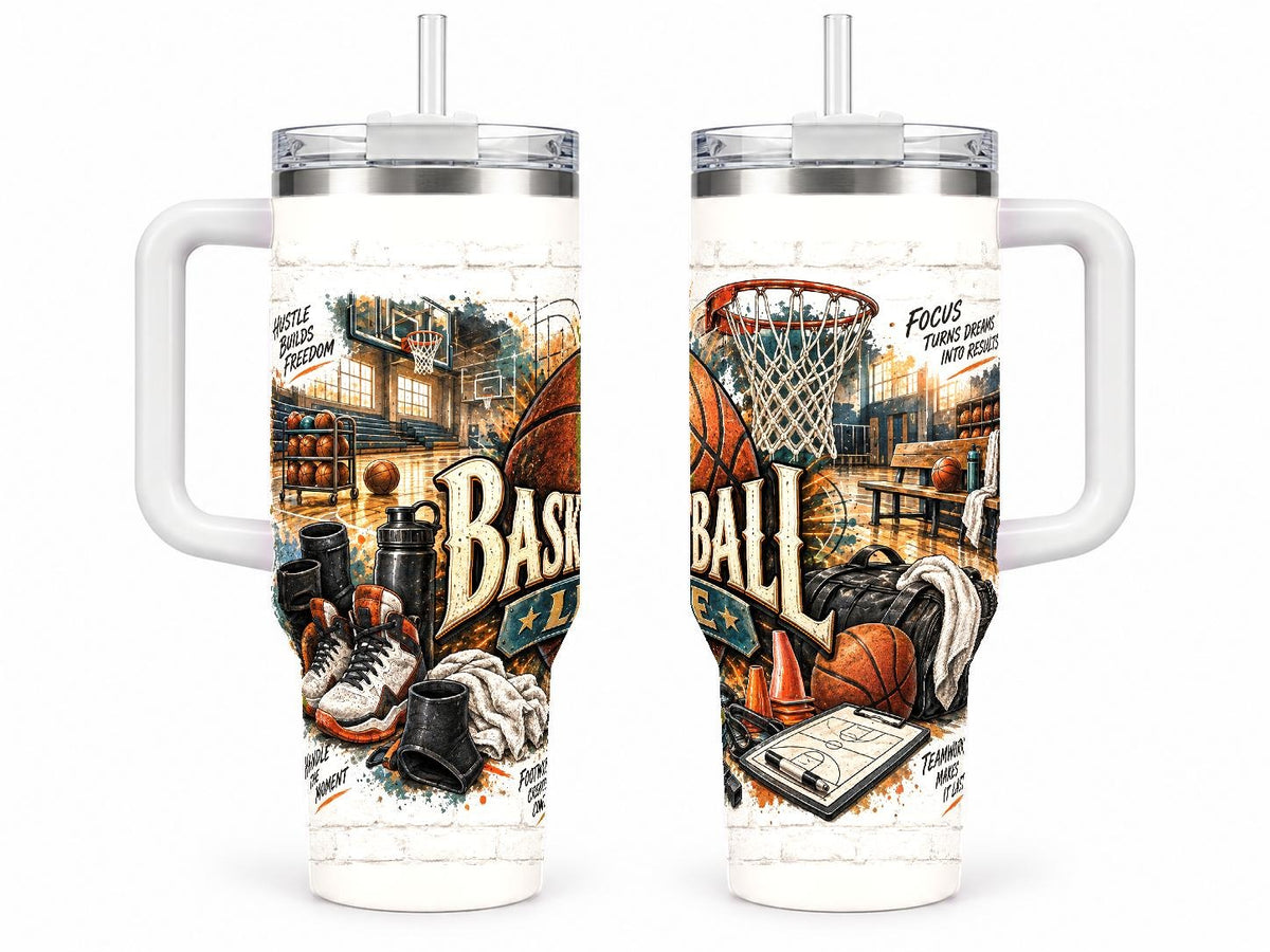 Basketball Gear Collage 40 oz Tumbler with Handle and Straw