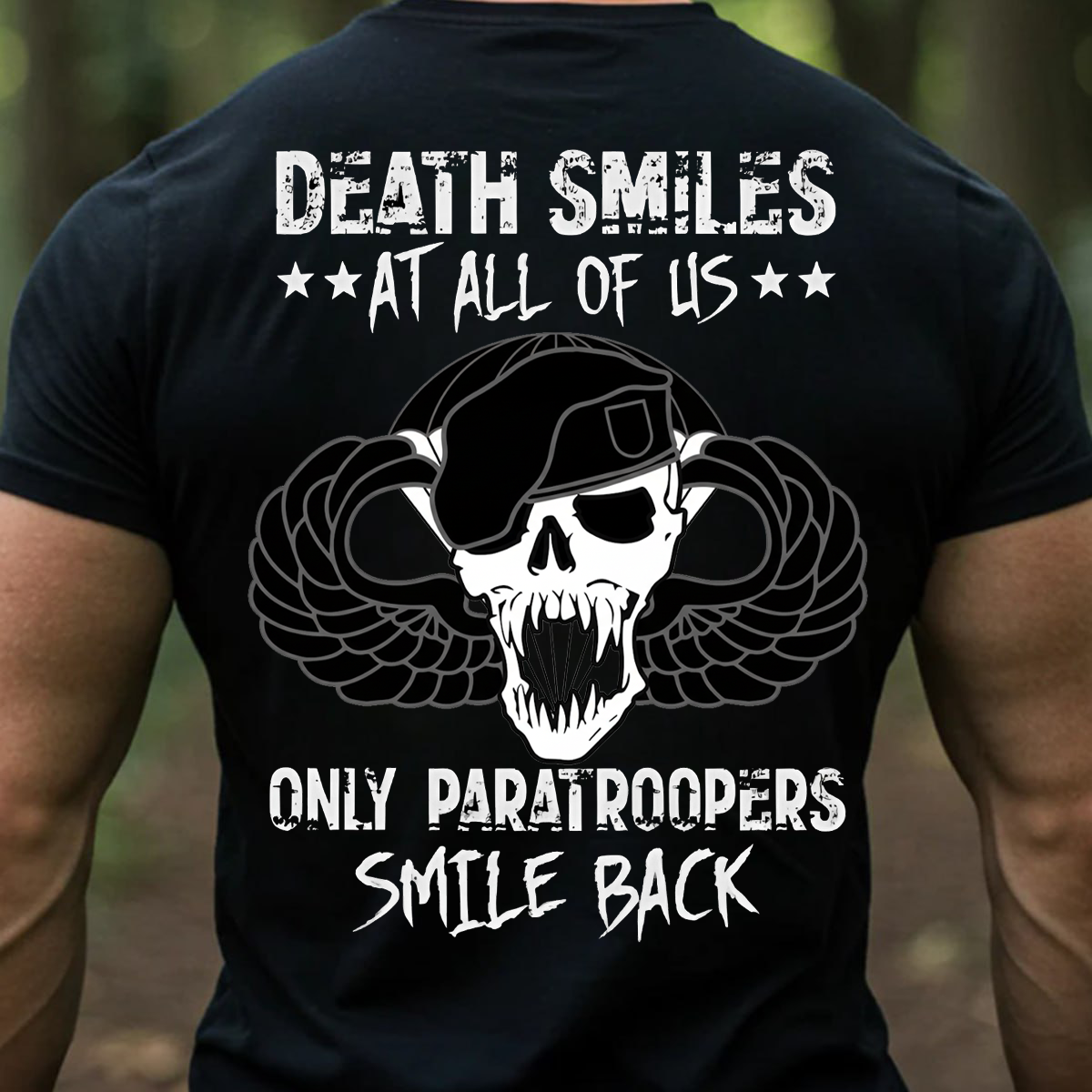 Airborne Paratrooper Veteran T-Shirt – Death Smiles Skull Military Graphic Tee, Gift for Veterans Day