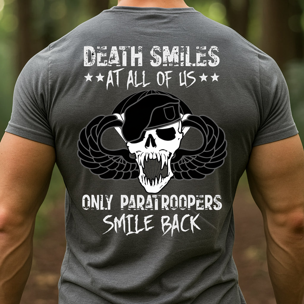 Airborne Paratrooper Veteran T-Shirt – Death Smiles Skull Military Graphic Tee, Gift for Veterans Day
