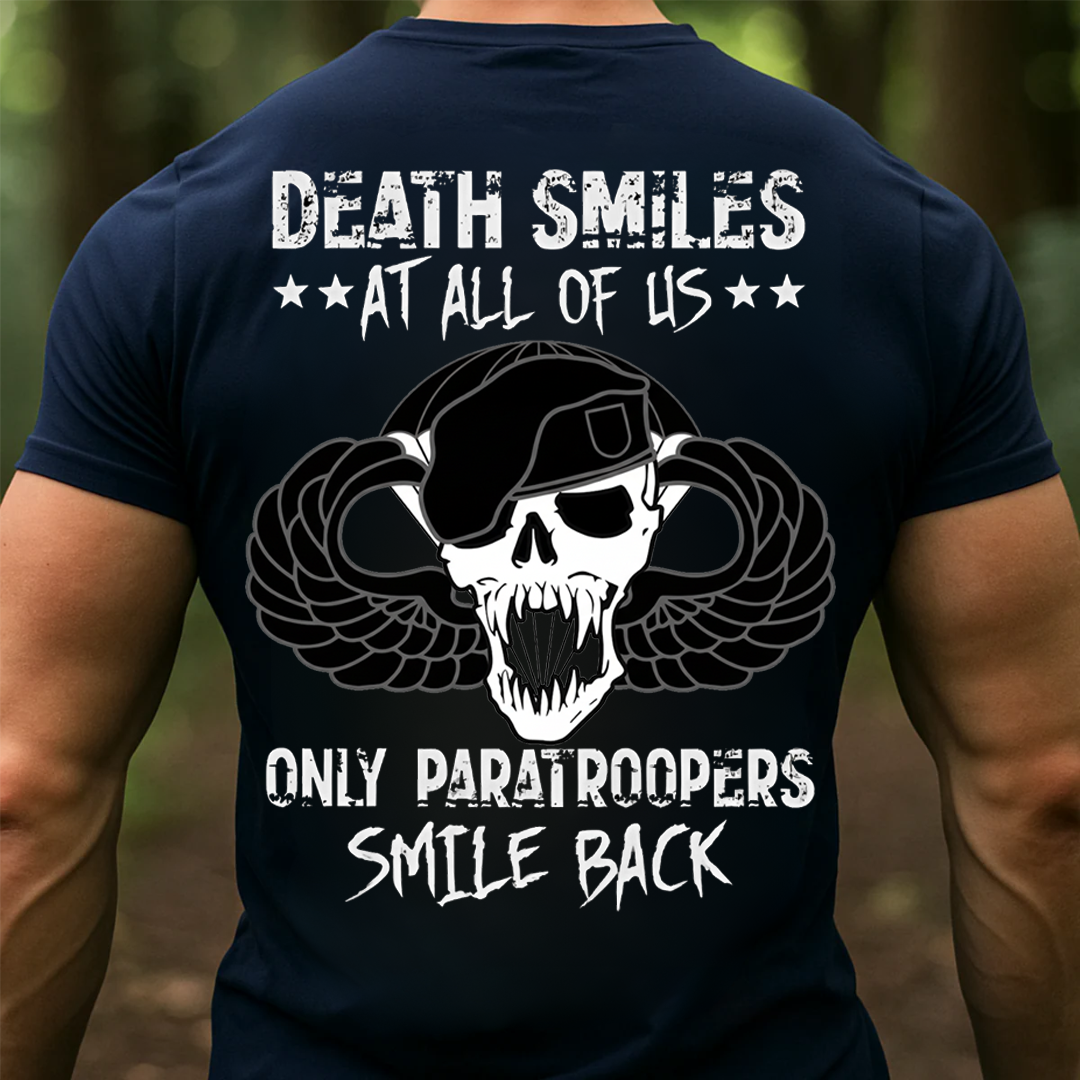 Airborne Paratrooper Veteran T-Shirt – Death Smiles Skull Military Graphic Tee, Gift for Veterans Day