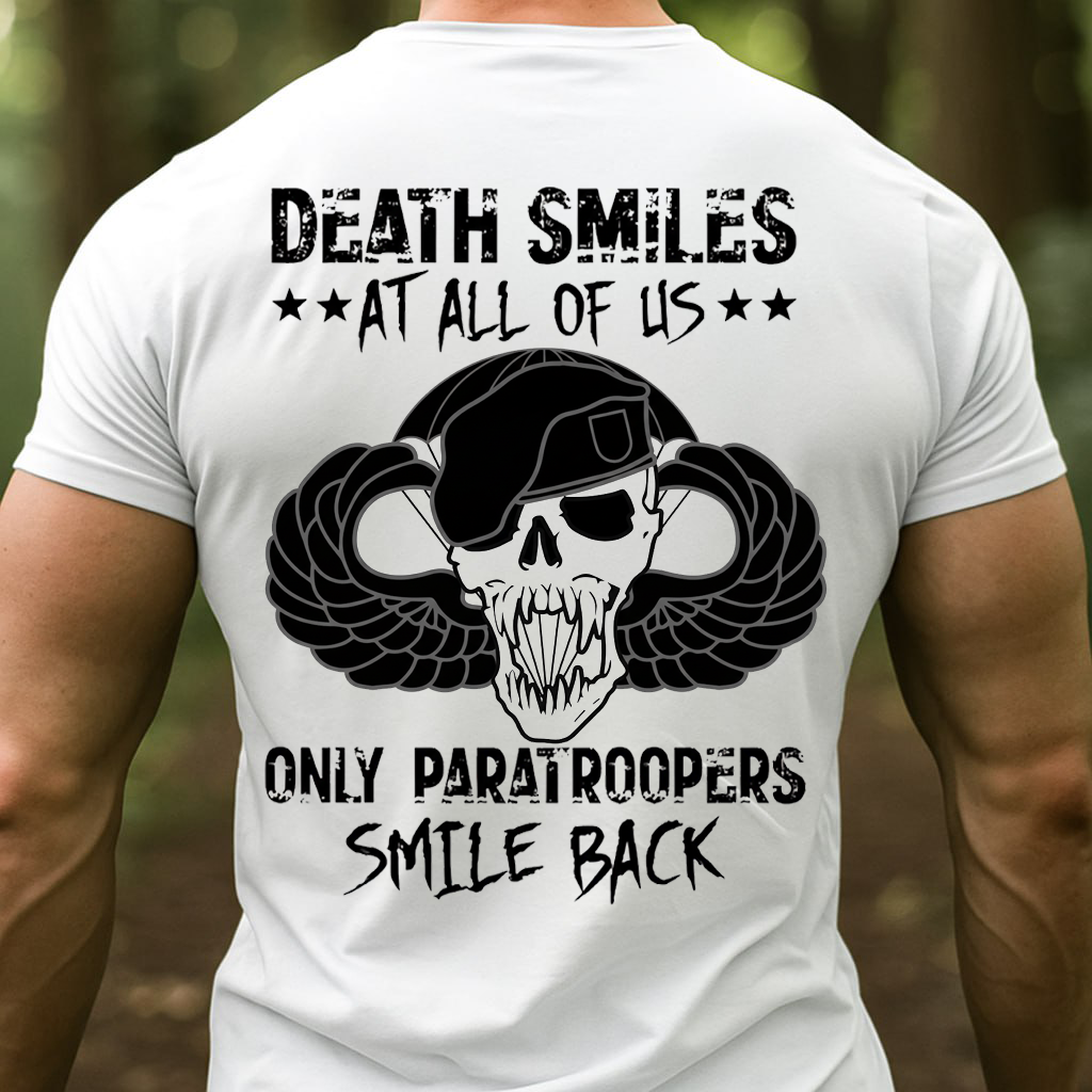 Airborne Paratrooper Veteran T-Shirt – Death Smiles Skull Military Graphic Tee, Gift for Veterans Day