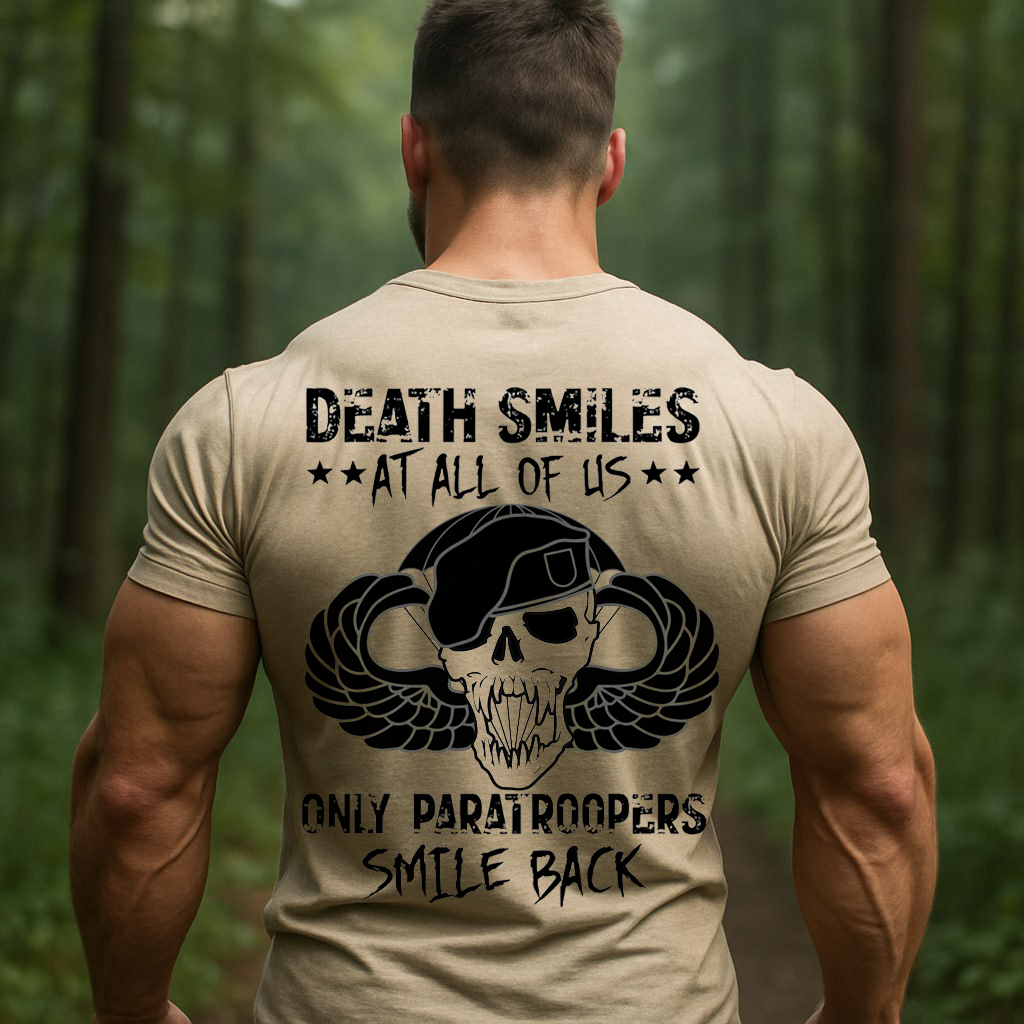 Airborne Paratrooper Veteran T-Shirt – Death Smiles Skull Military Graphic Tee, Gift for Veterans Day