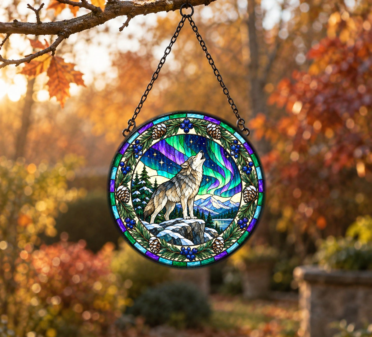 Aurora Wolf Wilderness Glow Suncatcher Hanging Glass Ornament