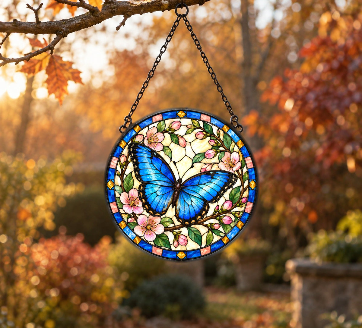 Azure Butterfly Glass Window Suncatcher and Floral Hanging Ornament