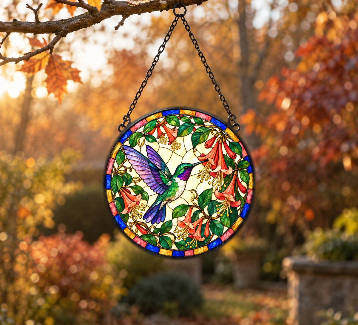 Hummingbird and Honeysuckle Glass Suncatcher Window Ornament
