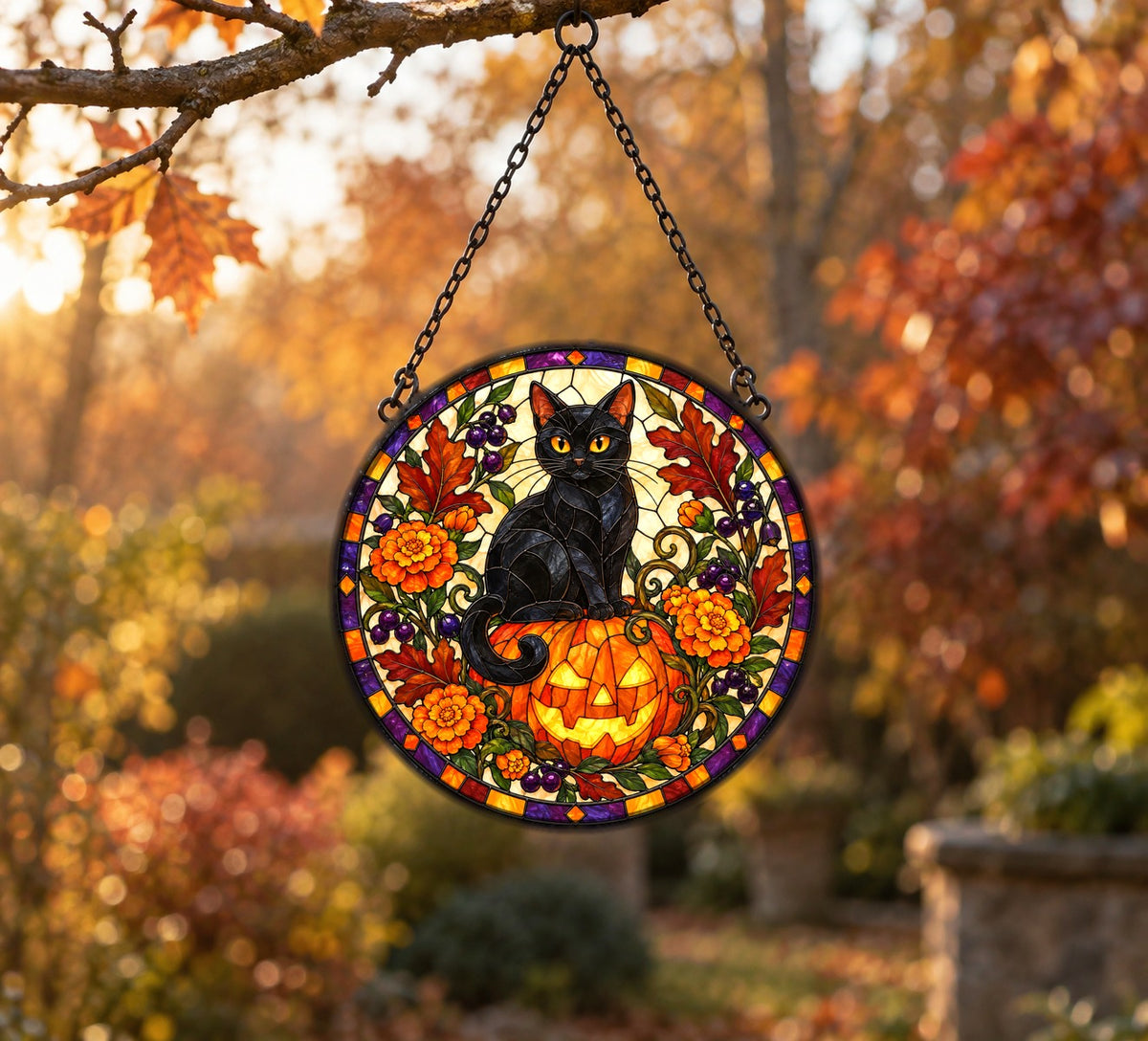 Midnight Pumpkin Familiar Cat Glass Suncatcher, Window Ornament