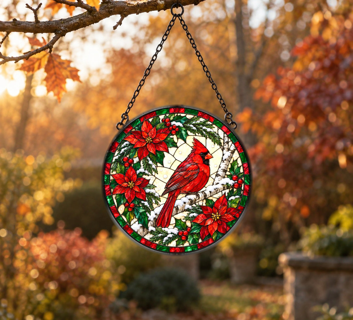 Winter Cardinal on Birch Suncatcher, Glass Christmas Holiday Ornament