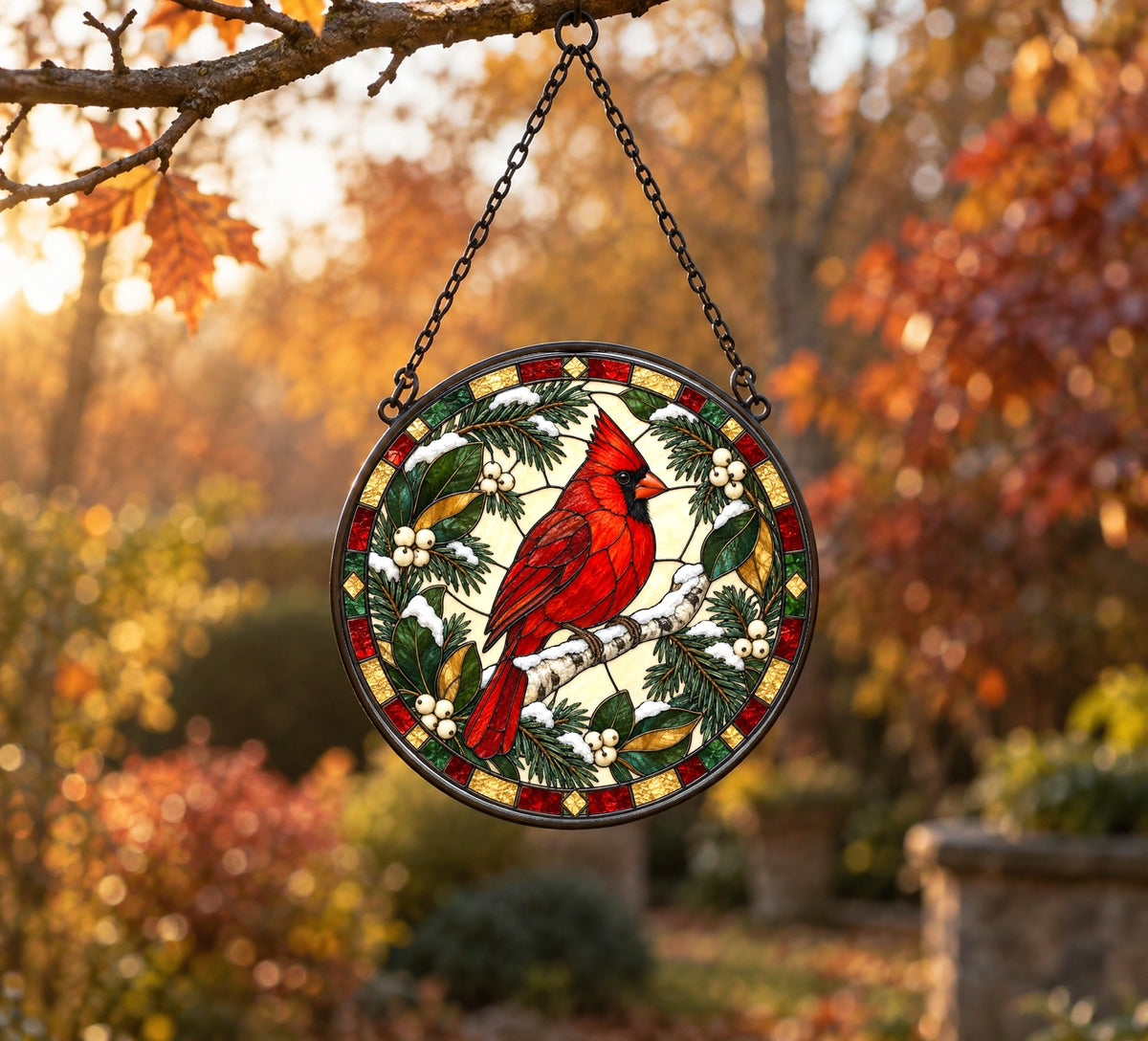 Frosted Birch Winter Cardinal Glass Suncatcher Window Hanging Ornament