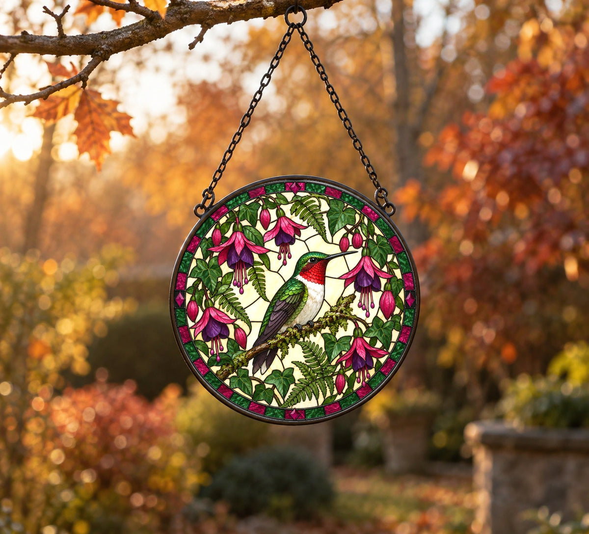 Perched Ruby Hummingbird Glass Suncatcher Hanging Window Ornament