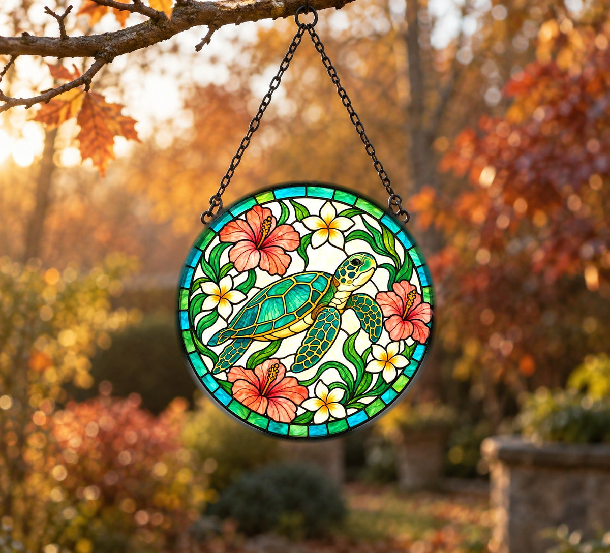 Gliding Sea Turtle Stained Glass Style Suncatcher Window Hanging
