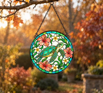 Gliding Sea Turtle Stained Glass Style Suncatcher Window Hanging