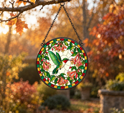 Honeysuckle Flight Hummingbird Suncatcher, Glass Window Ornament Decor