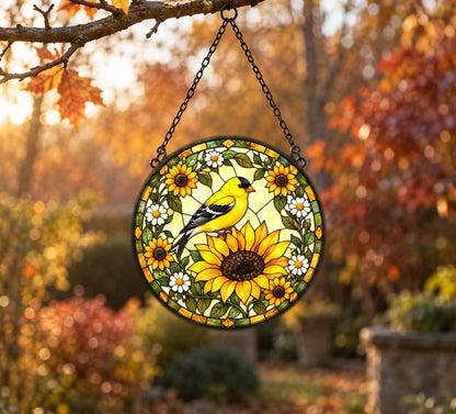 Goldfinch and Sunflower Glass Suncatcher Window Ornament