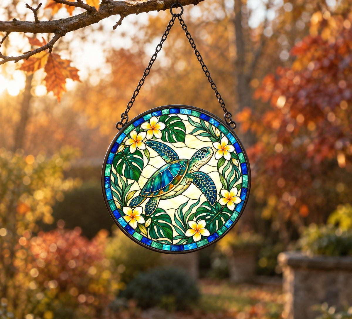Sunlit Sea Turtle Stained Glass Suncatcher Window Hanging Ornament