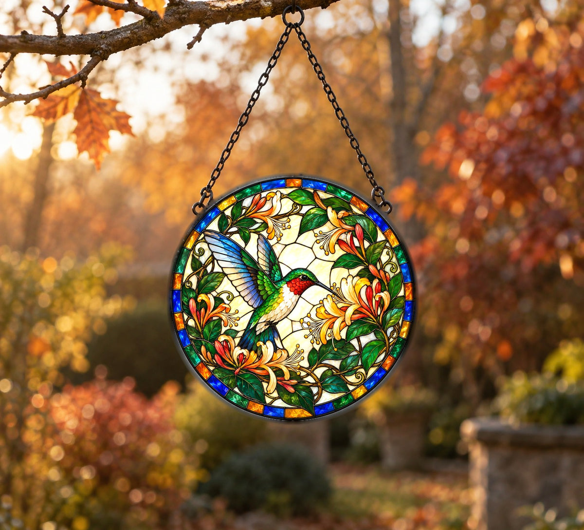 Ruby-Throated Hummingbird Suncatcher, Garden Bird Glass Ornament