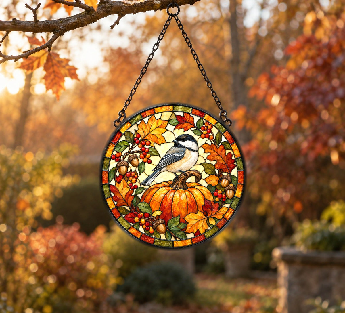 Autumn Chickadee Harvest Pumpkin Glass Suncatcher Window Hanging