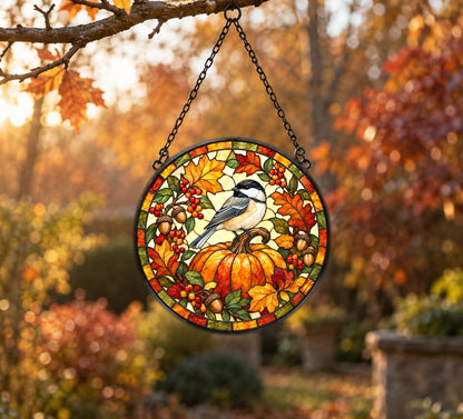 Autumn Chickadee Harvest Pumpkin Glass Suncatcher Window Hanging