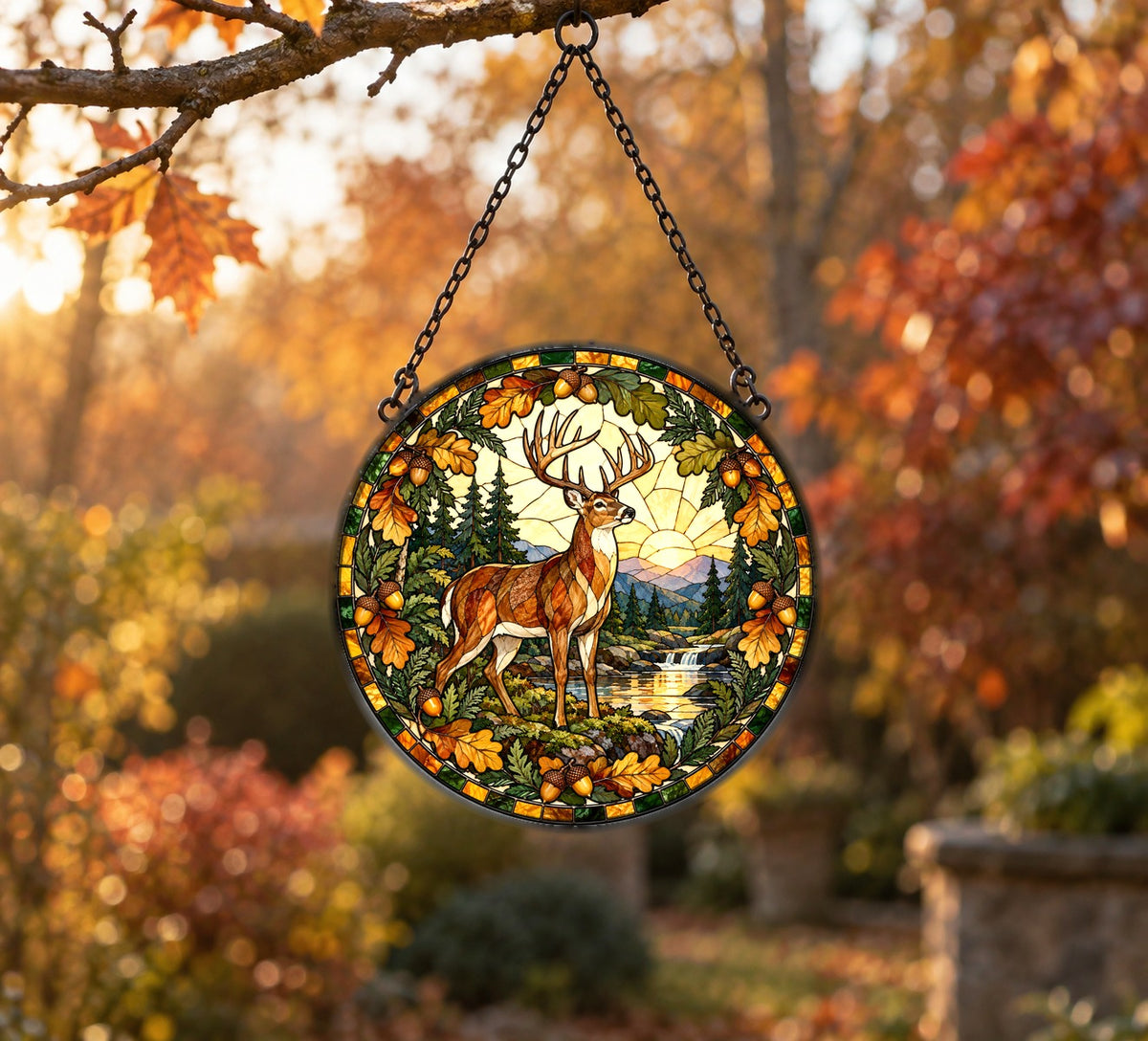 Golden Dawn Woodland Stag Suncatcher, Forest Wildlife Glass Ornament