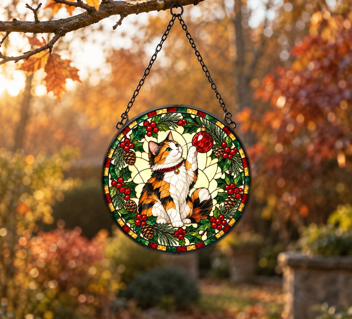 Festive Calico Cat Holiday Suncatcher Glass Ornament