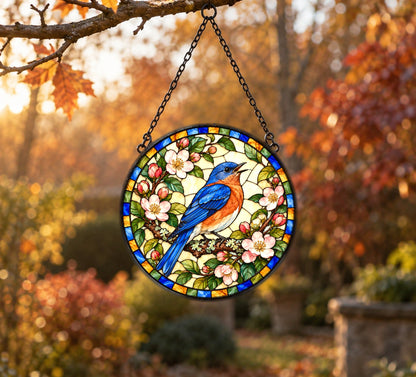 Songbird in the Orchard Glass Suncatcher Window Hanging Ornament